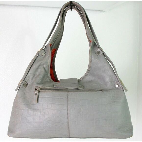 LRG MICHAEL ROME DESIGNS CROCO SOFT GRAY GENUINE LEATHER HOBO TOTE SHOULDER BAG - Picture 3 of 12
